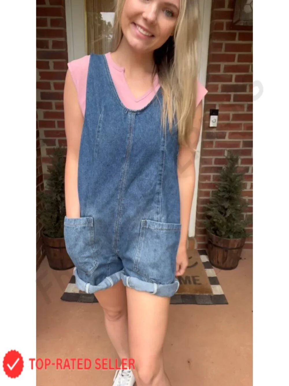 Women's Denim Overall Shorts Romper Sleeveless V Neck Casual Summer Jumpsuit